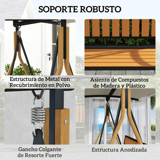 Outsunny Baloiço de Jardim de 2 Lugares Baloiço de Exterior com Toldo Ajustável e Estrutura de Metal Carga 240 kg 142x112x162 cm Madeira e Creme