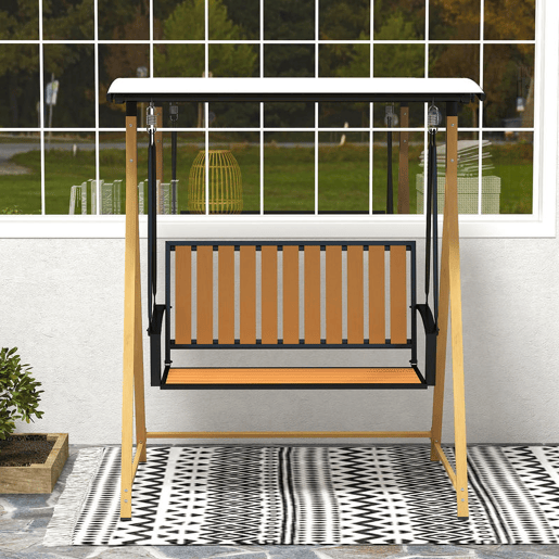 Outsunny Baloiço de Jardim de 2 Lugares Baloiço de Exterior com Toldo Ajustável e Estrutura de Metal Carga 240 kg 142x112x162 cm Madeira e Creme