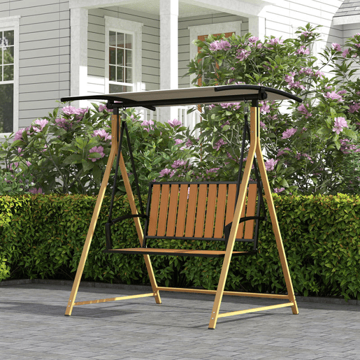 Outsunny Baloiço de Jardim de 2 Lugares Baloiço de Exterior com Toldo Ajustável e Estrutura de Metal Carga 240 kg 142x112x162 cm Madeira e Creme