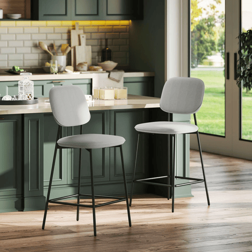 HOMCOM Conjunto de 2 Bancos de Bar Bancos Altos de Cozinha com Encosto e Apoio para os Pés Estofados em Veludo Estrutura de Aço Bancos Altos Modernos para Sala de Jantar Balcão 45x49x102 cm Cinza Claro