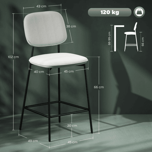 HOMCOM Conjunto de 2 Bancos de Bar Bancos Altos de Cozinha com Encosto e Apoio para os Pés Estofados em Veludo Estrutura de Aço Bancos Altos Modernos para Sala de Jantar Balcão 45x49x102 cm Cinza Claro