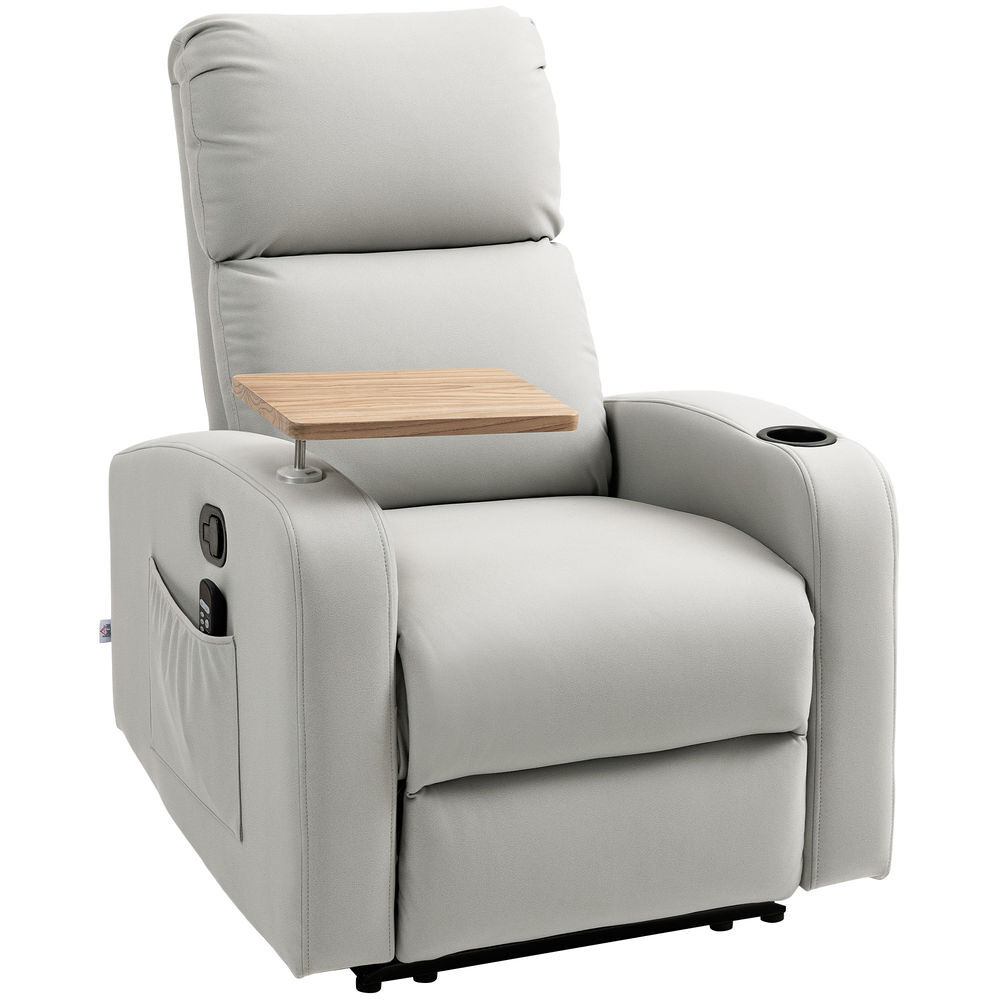 Homcom sillón de masaje con 8 puntos de masaje sillón relax eléctrico sofá relax con 4 modos reclinación 145° mando a distancia mesita 2 bolsillos laterales y posavasos 77x93x105 cm gris claro