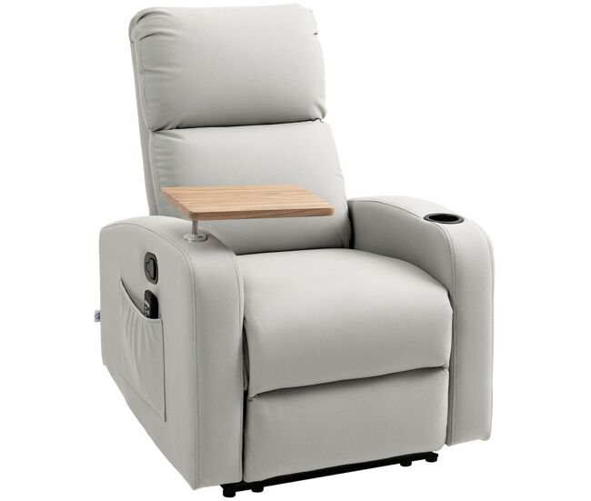 Homcom sillón de masaje con 8 puntos de masaje sillón relax eléctrico sofá relax con 4 modos reclinación 145° mando a distancia mesita 2 bolsillos laterales y posavasos 77x93x105 cm gris claro