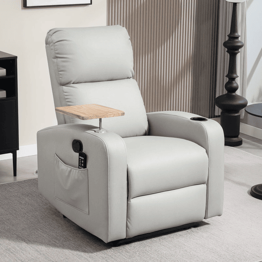 HOMCOM Poltrona de Massagem Poltrona Relax Elétrica com 4 Modos de Vibração Reclinação 145° Estofada em Microfibra Controlo Remoto Mesa 2 Bolsos Laterais e Suporte para Copos 77x93x105 cm Cinza