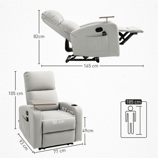 HOMCOM Poltrona de Massagem Poltrona Relax Elétrica com 4 Modos de Vibração Reclinação 145° Estofada em Microfibra Controlo Remoto Mesa 2 Bolsos Laterais e Suporte para Copos 77x93x105 cm Cinza