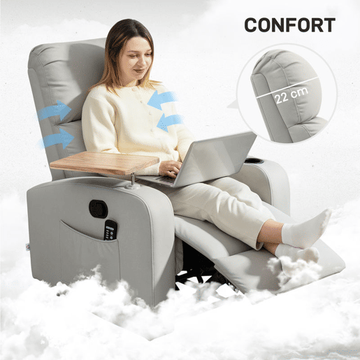 HOMCOM Poltrona de Massagem Poltrona Relax Elétrica com 4 Modos de Vibração Reclinação 145° Estofada em Microfibra Controlo Remoto Mesa 2 Bolsos Laterais e Suporte para Copos 77x93x105 cm Cinza