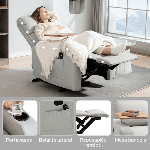 HOMCOM Poltrona de Massagem Poltrona Relax Elétrica com 4 Modos de Vibração Reclinação 145° Estofada em Microfibra Controlo Remoto Mesa 2 Bolsos Laterais e Suporte para Copos 77x93x105 cm Cinza