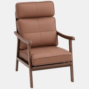 HOMCOM Poltrona de Sala de Estar Poltrona Estofada em PU com Estrutura de Madeira Almofadas Acolchoadas Espessas Poltrona de Leitura para Sala de Estar Quarto 63,5x83x105 cm Marrom e Madeira
