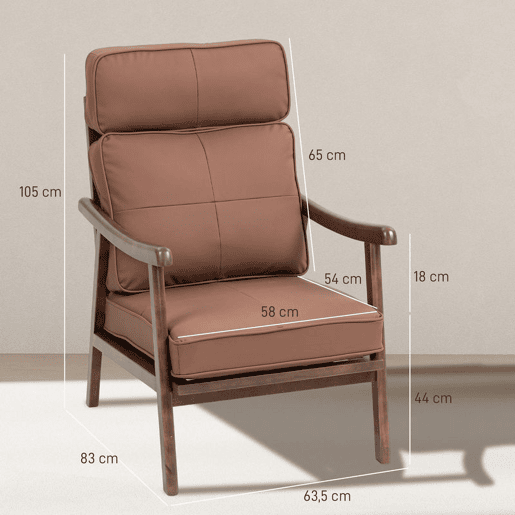 HOMCOM Poltrona de Sala de Estar Poltrona Estofada em PU com Estrutura de Madeira Almofadas Acolchoadas Espessas Poltrona de Leitura para Sala de Estar Quarto 63,5x83x105 cm Marrom e Madeira