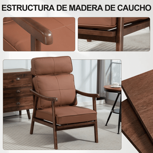 HOMCOM Poltrona de Sala de Estar Poltrona Estofada em PU com Estrutura de Madeira Almofadas Acolchoadas Espessas Poltrona de Leitura para Sala de Estar Quarto 63,5x83x105 cm Marrom e Madeira