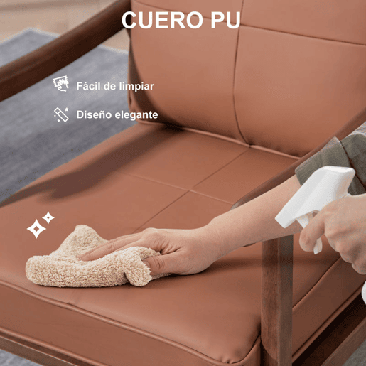 HOMCOM Poltrona de Sala de Estar Poltrona Estofada em PU com Estrutura de Madeira Almofadas Acolchoadas Espessas Poltrona de Leitura para Sala de Estar Quarto 63,5x83x105 cm Marrom e Madeira
