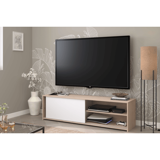 Móvel de TV Trevo 155 cm estilo nórdico para sala de estar e jantar em carvalho Jackson e branco com porta de correr