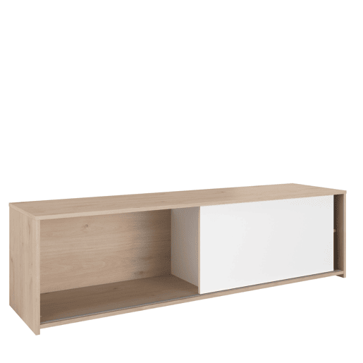 Móvel de TV Trevo 155 cm estilo nórdico para sala de estar e jantar em carvalho Jackson e branco com porta de correr