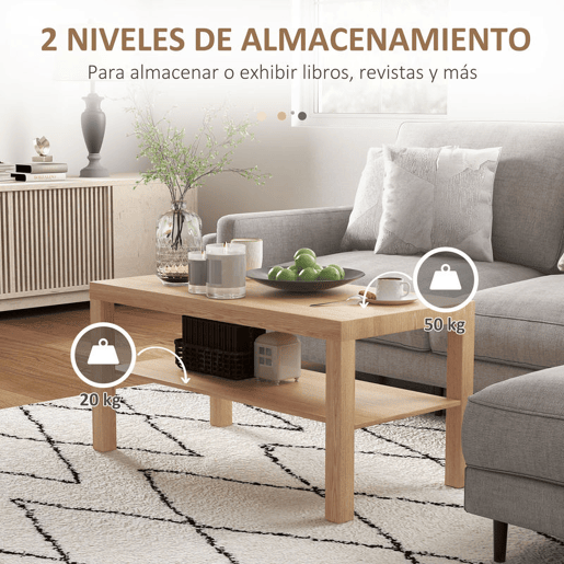 HOMCOM Mesa de Centro Moderna Mesa Auxiliar com Prateleira para Sala de Estar Escritório Capacidade de Carga: 50 kg 90x45x44,5 cm Madeira