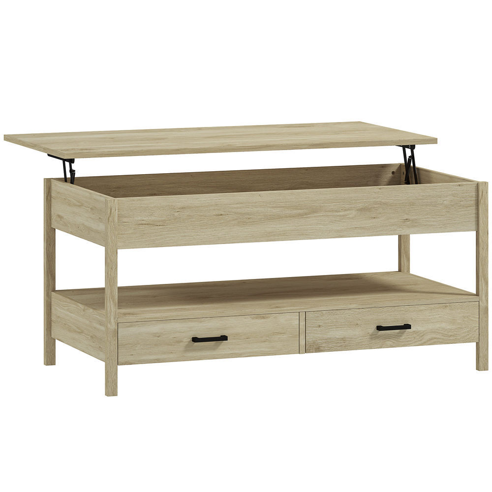 homcom mesa de centro elevable mesa de cafe con encimera elevable espacio oculto de almacenaje cajones y estante abierto 100x50x48-62 cm roble