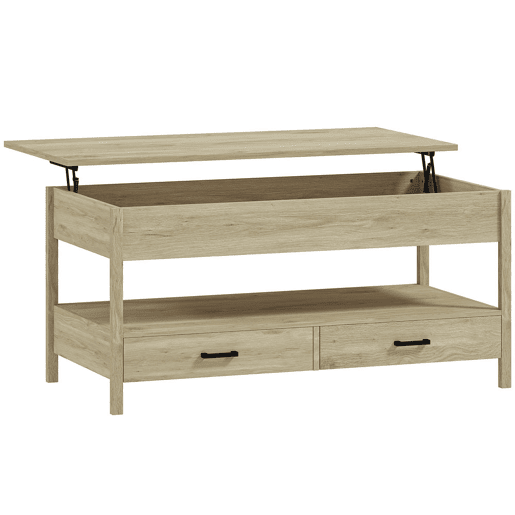 HOMCOM Mesa de Centro Elevável Mesa de Centro com Bancada Elevável Espaço Oculto de Armazenamento Gavetas e Prateleira Aberta 100x50x48-62 cm Carvalho