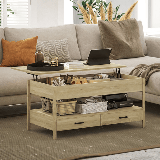 HOMCOM Mesa de Centro Elevável Mesa de Centro com Bancada Elevável Espaço Oculto de Armazenamento Gavetas e Prateleira Aberta 100x50x48-62 cm Carvalho