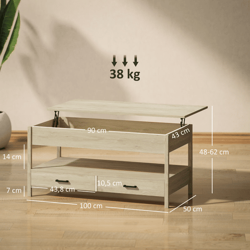 HOMCOM Mesa de Centro Elevável Mesa de Centro com Bancada Elevável Espaço Oculto de Armazenamento Gavetas e Prateleira Aberta 100x50x48-62 cm Carvalho