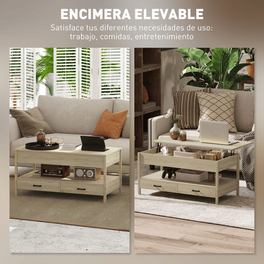 HOMCOM Mesa de Centro Elevável Mesa de Centro com Bancada Elevável Espaço Oculto de Armazenamento Gavetas e Prateleira Aberta 100x50x48-62 cm Carvalho