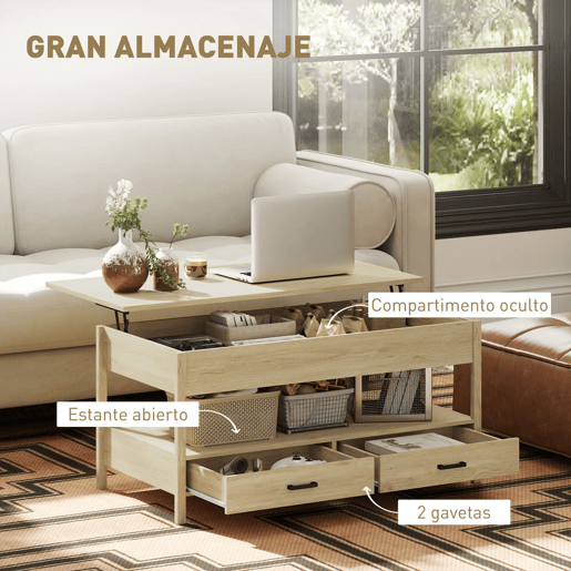 HOMCOM Mesa de Centro Elevável Mesa de Centro com Bancada Elevável Espaço Oculto de Armazenamento Gavetas e Prateleira Aberta 100x50x48-62 cm Carvalho