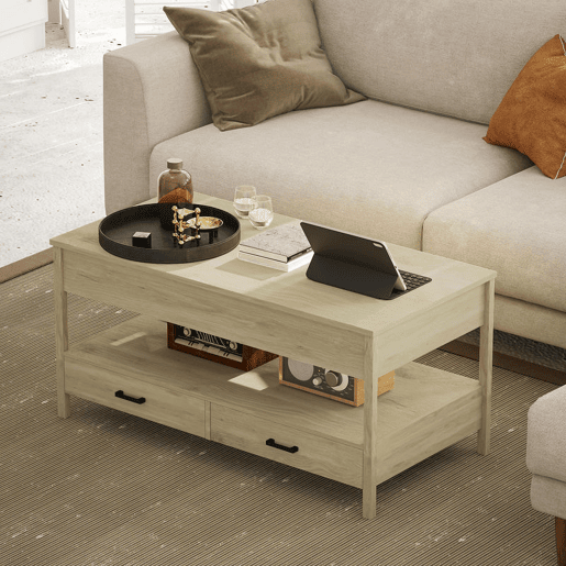 HOMCOM Mesa de Centro Elevável Mesa de Centro com Bancada Elevável Espaço Oculto de Armazenamento Gavetas e Prateleira Aberta 100x50x48-62 cm Carvalho