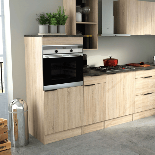 Coluna de cozinha estilo industrial Arko em carvalho bruto e preto com 1 porta e 1 furo para forno 60x141x60 cm
