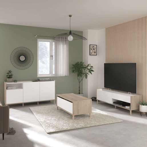 Pacote de móveis para sala de estar estilo moderno Azzaro em carvalho japonês e branco com suporte para TV, mesa de centro e aparador