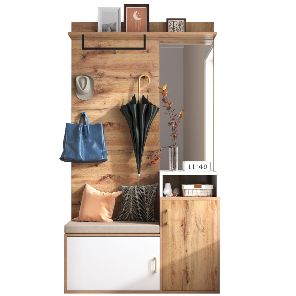 Mueble recibidor de mdf con 2 puertas,espejo,zapatero y perchero 105
