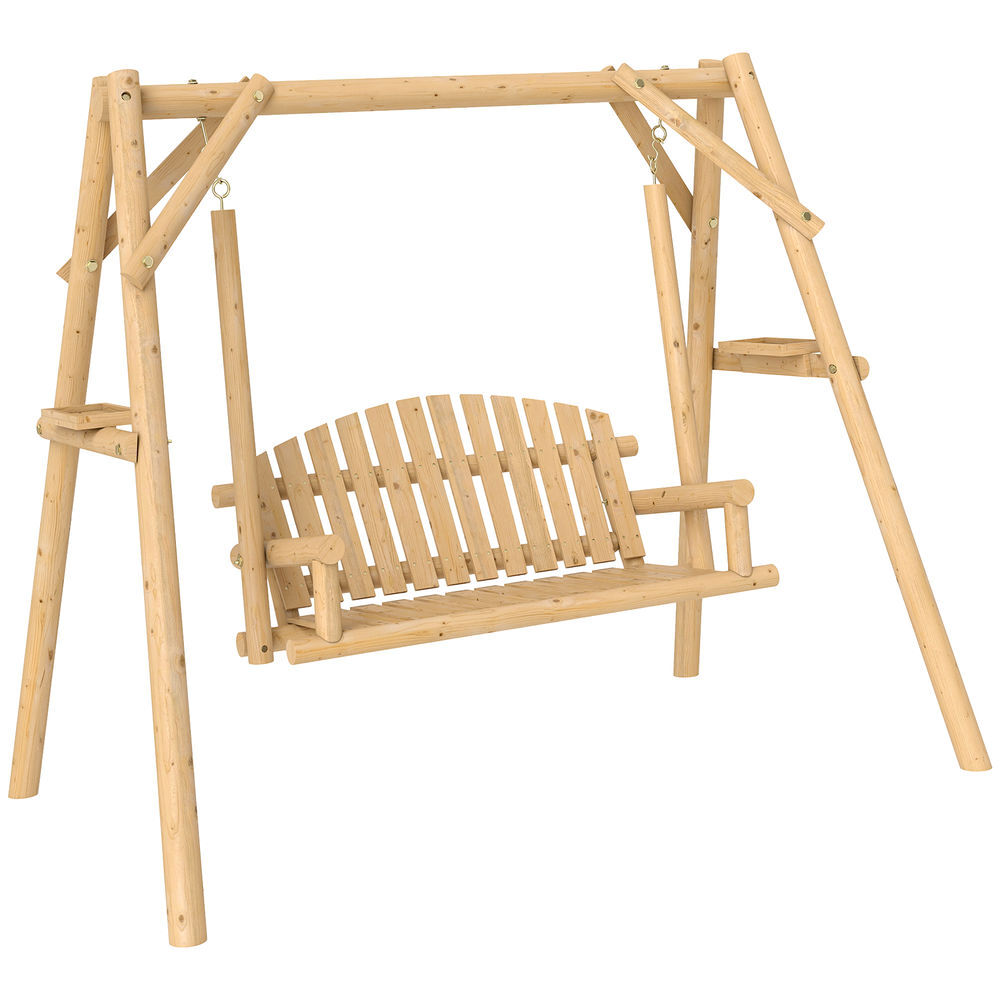 Outsunny banco columpio de jardín de madera de 2 plazas balancín de jardín exterior con bandejas laterales reposabrazos y estructura en a para patio porche carga 240 kg 200x135x175 cm natural