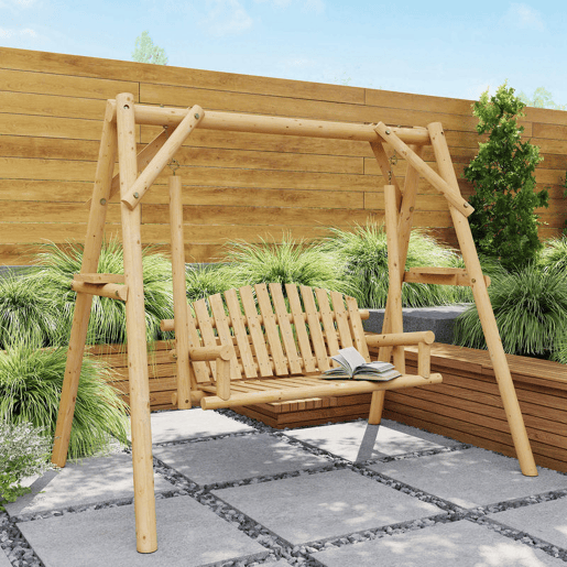 Outsunny Banco Baloiço de Jardim de Madeira para 2 Pessoas Baloiço de Exterior com Bandejas Laterais Apoios para os Braço e Estrutura em A para Pátio, Alpendre Carga 240 kg 200x135x175 cm Madeira