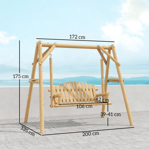Outsunny Banco Baloiço de Jardim de Madeira para 2 Pessoas Baloiço de Exterior com Bandejas Laterais Apoios para os Braço e Estrutura em A para Pátio, Alpendre Carga 240 kg 200x135x175 cm Madeira