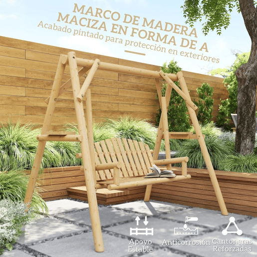 Outsunny Banco Baloiço de Jardim de Madeira para 2 Pessoas Baloiço de Exterior com Bandejas Laterais Apoios para os Braço e Estrutura em A para Pátio, Alpendre Carga 240 kg 200x135x175 cm Madeira
