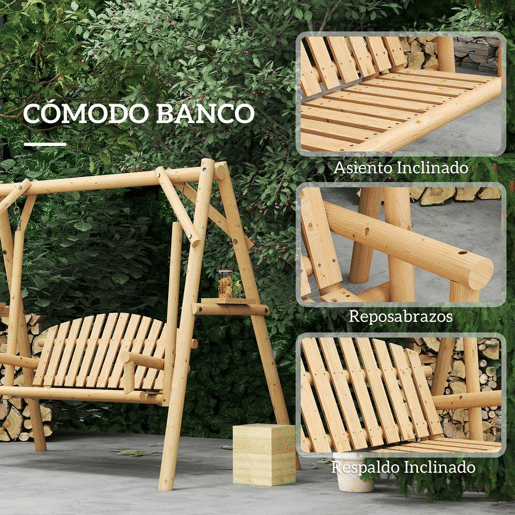 Outsunny Banco Baloiço de Jardim de Madeira para 2 Pessoas Baloiço de Exterior com Bandejas Laterais Apoios para os Braço e Estrutura em A para Pátio, Alpendre Carga 240 kg 200x135x175 cm Madeira