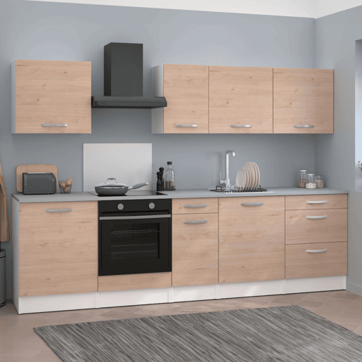 Pacote de móveis de cozinha estilo modular Eko em madeira branca clara com 4 módulos superiores e 5 módulos inferiores