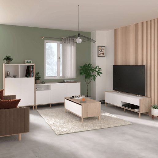 Pacote de móveis para sala de estar em estilo contemporâneo Azzaro em carvalho japonês e branco com TV, mesa de centro e 2 aparadores