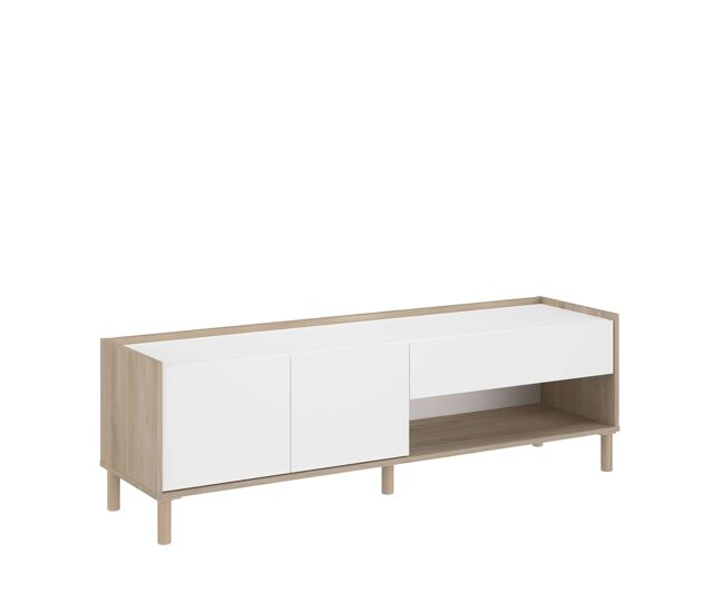 Mueble TV Azzaro 150 cm Salón Comedor Estilo Nórdico en color Roble Japonés y Blanco con 2 puertas, 1 Cajón y 1 Hueco Abierto