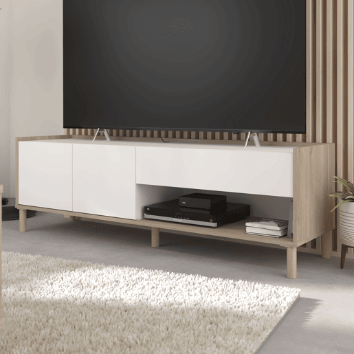 Móvel de TV Azzaro 150 cm estilo nórdico sala de estar sala de jantar em carvalho japonês e branco com 2 portas, 1 gaveta e 1 nicho aberto