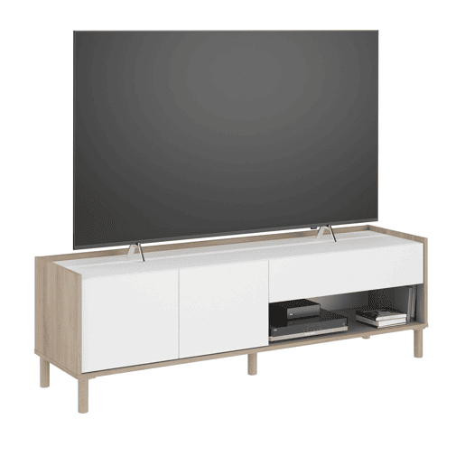 Móvel de TV Azzaro 150 cm estilo nórdico sala de estar sala de jantar em carvalho japonês e branco com 2 portas, 1 gaveta e 1 nicho aberto