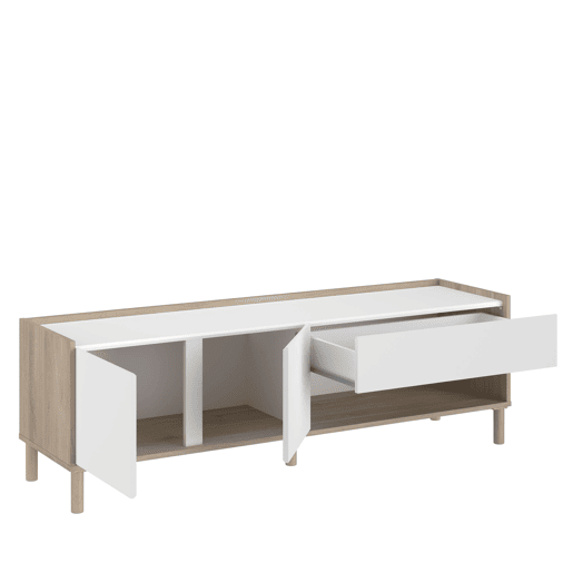 Móvel de TV Azzaro 150 cm estilo nórdico sala de estar sala de jantar em carvalho japonês e branco com 2 portas, 1 gaveta e 1 nicho aberto