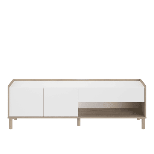 Móvel de TV Azzaro 150 cm estilo nórdico sala de estar sala de jantar em carvalho japonês e branco com 2 portas, 1 gaveta e 1 nicho aberto