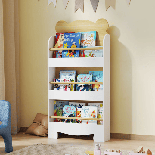 AIYAPLAY Estante Infantil de 3 Níveis Estante para Livros Infantil Desenho de Ursinho para Sala de Jogos Dormitório Escola Infantil 55x15x110 cm Branco e Madeira
