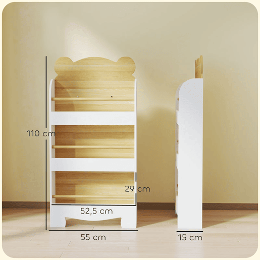 AIYAPLAY Estante Infantil de 3 Níveis Estante para Livros Infantil Desenho de Ursinho para Sala de Jogos Dormitório Escola Infantil 55x15x110 cm Branco e Madeira