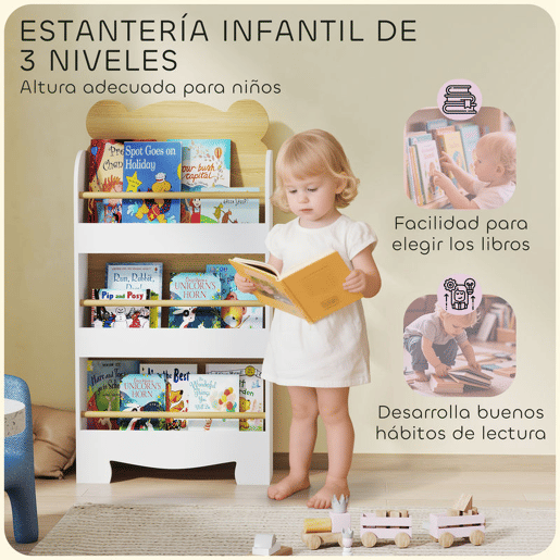 AIYAPLAY Estante Infantil de 3 Níveis Estante para Livros Infantil Desenho de Ursinho para Sala de Jogos Dormitório Escola Infantil 55x15x110 cm Branco e Madeira