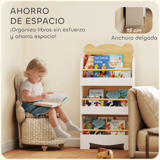 AIYAPLAY Estante Infantil de 3 Níveis Estante para Livros Infantil Desenho de Ursinho para Sala de Jogos Dormitório Escola Infantil 55x15x110 cm Branco e Madeira