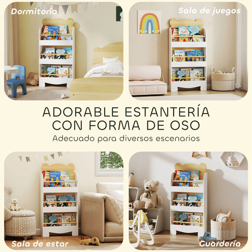 AIYAPLAY Estante Infantil de 3 Níveis Estante para Livros Infantil Desenho de Ursinho para Sala de Jogos Dormitório Escola Infantil 55x15x110 cm Branco e Madeira