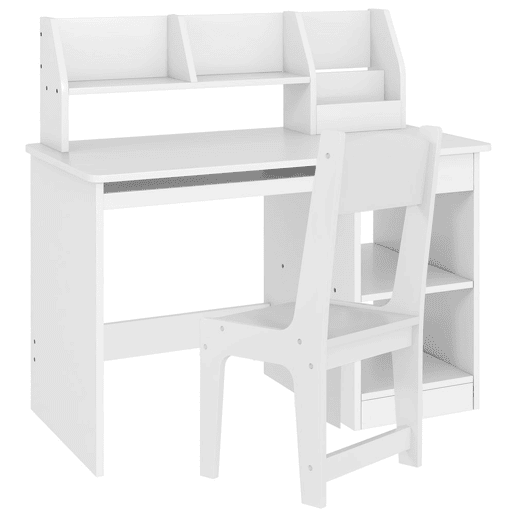 ZONEKIZ Conjunto de Secretária e Cadeira para Crianças acima de 5 Anos Mesa e Cadeira Infantil com 2 Gavetas e Compartimento para Dormitório Sala de Estudo Branco