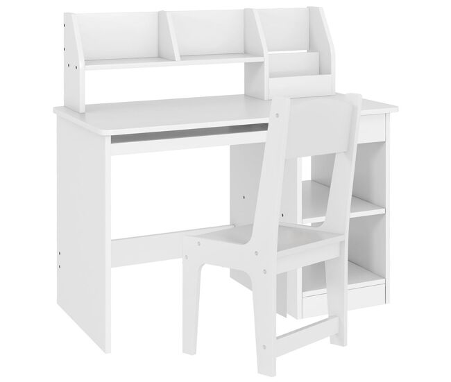 Zonekiz juego de escritorio y silla para niños de +5 años pupitre infantil con 2 cajones y compartimento para dormitorio sala estudio blanco
