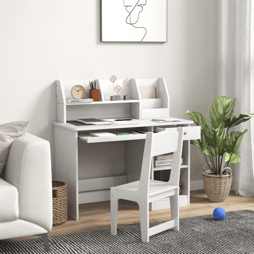 ZONEKIZ Conjunto de Secretária e Cadeira para Crianças acima de 5 Anos Mesa e Cadeira Infantil com 2 Gavetas e Compartimento para Dormitório Sala de Estudo Branco