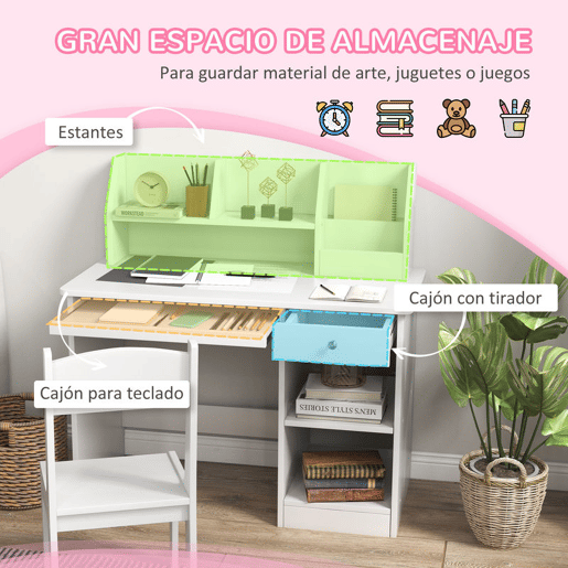 ZONEKIZ Conjunto de Secretária e Cadeira para Crianças acima de 5 Anos Mesa e Cadeira Infantil com 2 Gavetas e Compartimento para Dormitório Sala de Estudo Branco