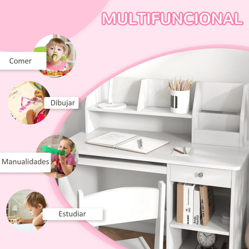 ZONEKIZ Conjunto de Secretária e Cadeira para Crianças acima de 5 Anos Mesa e Cadeira Infantil com 2 Gavetas e Compartimento para Dormitório Sala de Estudo Branco